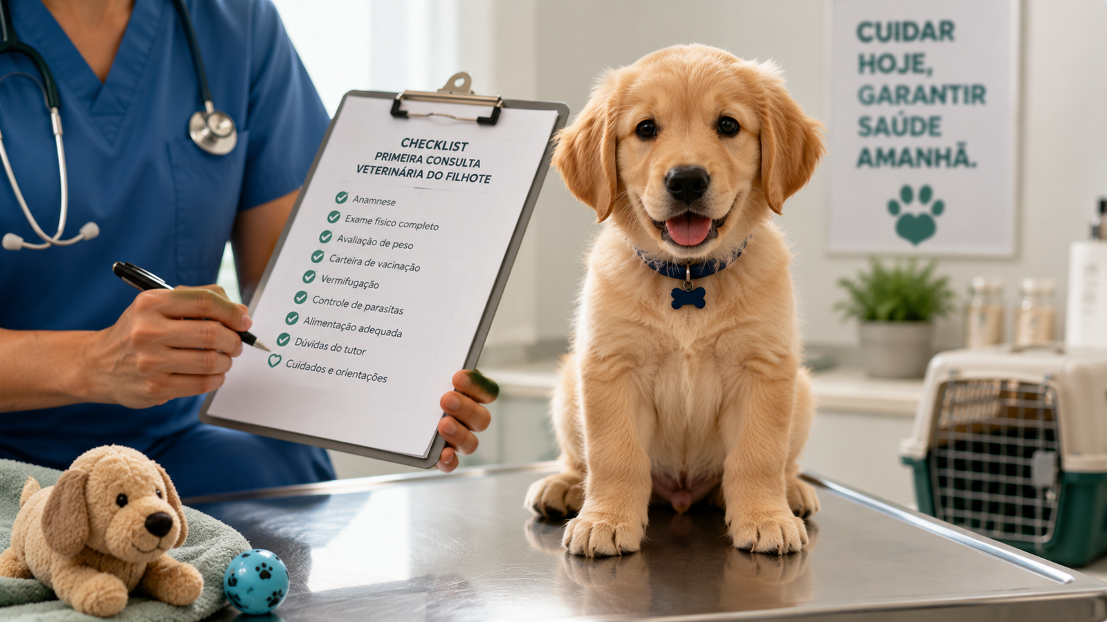 Filhote de golden retriever durante consulta veterinária com profissional e checklist