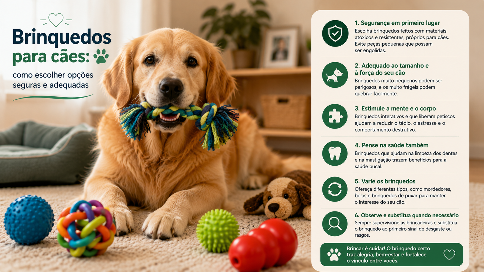 Cachorro dourado brincando com corda e brinquedos seguros em ambiente doméstico